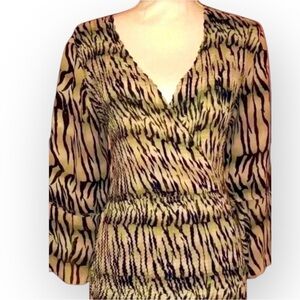 JAIPUR Stretch Wrap Blouse with Zebra Print Pattern Tan & Black Size Extra Large